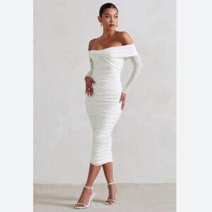 Club L London Neva White Bardot Twist Midi Dress